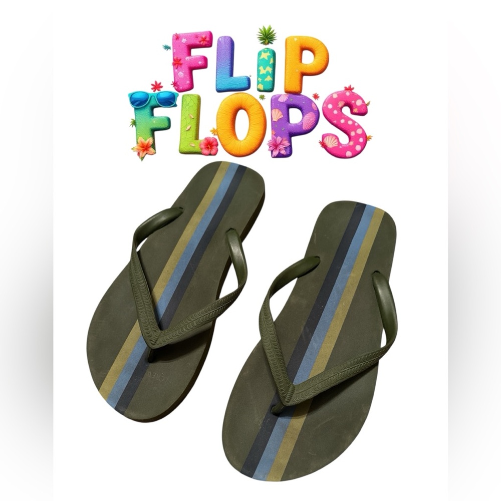 J. Crew Men's Green and Blue Striped Flip Flops